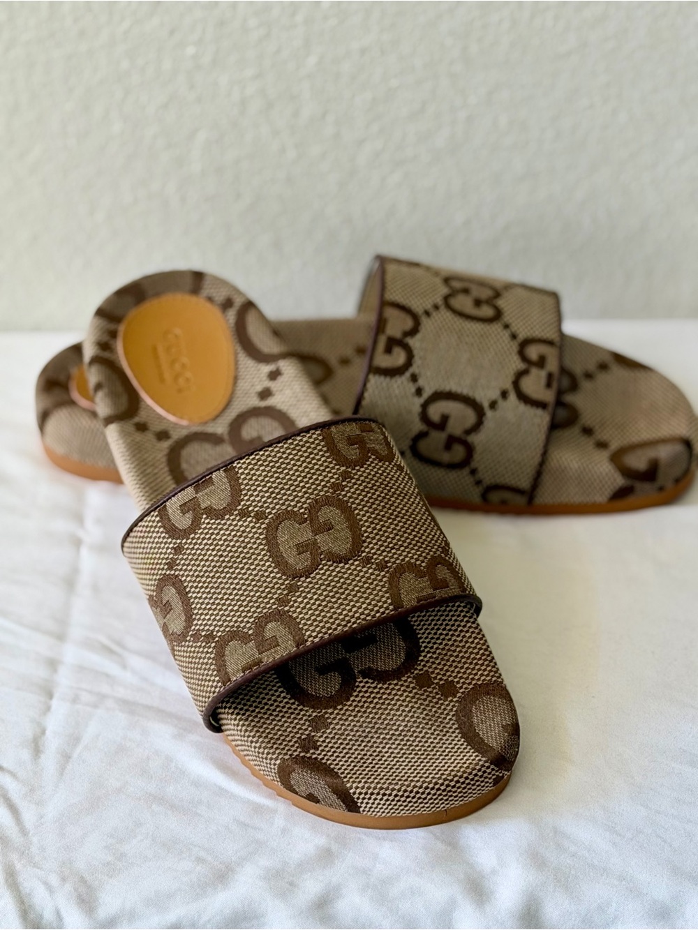 Gucci Brown Beige GG Canvas Slide Sandals